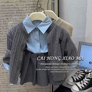 柠里童装女童学院风套装25春秋装儿童洋气针织马甲翻领衬衫百褶裙