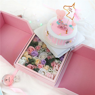 蛋糕鲜花双层礼盒网红礼物包装 盒蛋糕惊喜盒子七夕鲜花蛋糕盒子