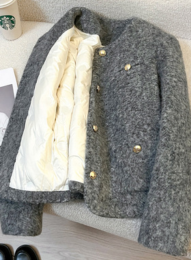 今年流行特惠灰色小香风毛呢短外套女2025冬季新款羽绒服内胆保暖