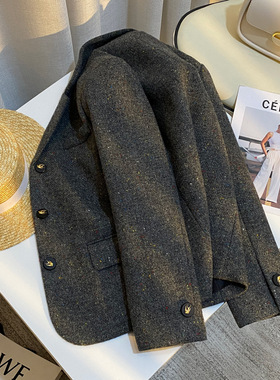 今年流行特惠【丽洛奇】灰色毛呢西装外套女2024八维服饰冬复古