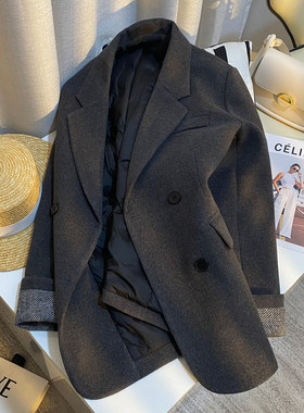 今年流行特惠复古灰色宽松休闲高级感毛呢羽绒西装外套女2025冬装