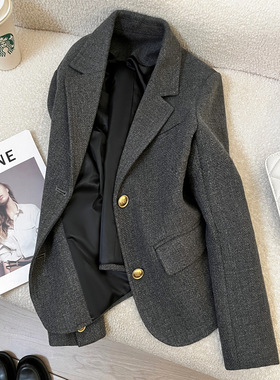 今年流行特惠灰色短款毛呢西装外套女2025新款秋冬季小个子复古