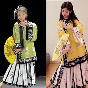 儿童戏文说舞蹈服簪花清汉女服装格格汉服清朝满清旗装唐朝印花裙