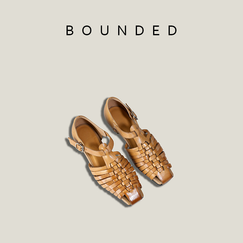 Bounded有界 罗马凉鞋原创头层牛皮平底方头手工复古编织皮鞋