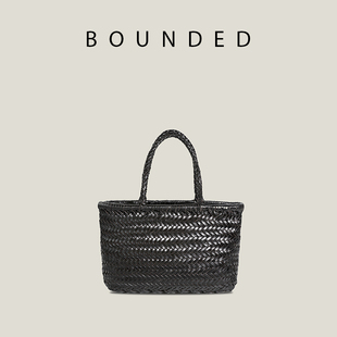 Bounded 迷你手提编织包真皮头层牛皮手工编织菜篮子托特包