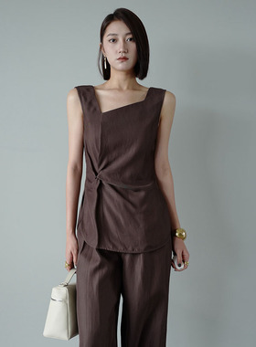 白色亚麻套装女夏2024新款时尚设计师气质休闲阔腿裤两件套