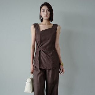 白色亚麻套装女夏2024新款时尚设计师气质休闲阔腿裤两件套