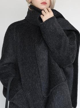 Bounded有界 羊驼绒围巾毛呢大衣2024秋冬新款高级感灰黑色外套