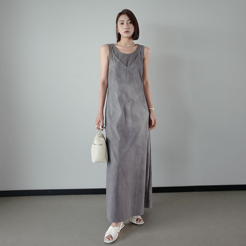 水墨压褶宽松背心上衣吊带连衣裙两件套女极简显瘦休闲长裙