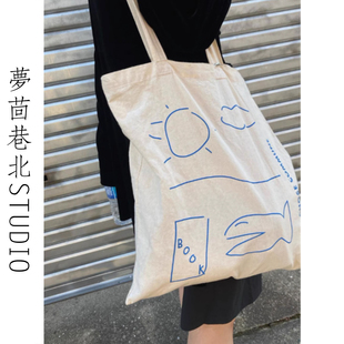 日本平山昌尚艺术家合作蓝色字母帆布棉布袋ins同款小众线条薄款