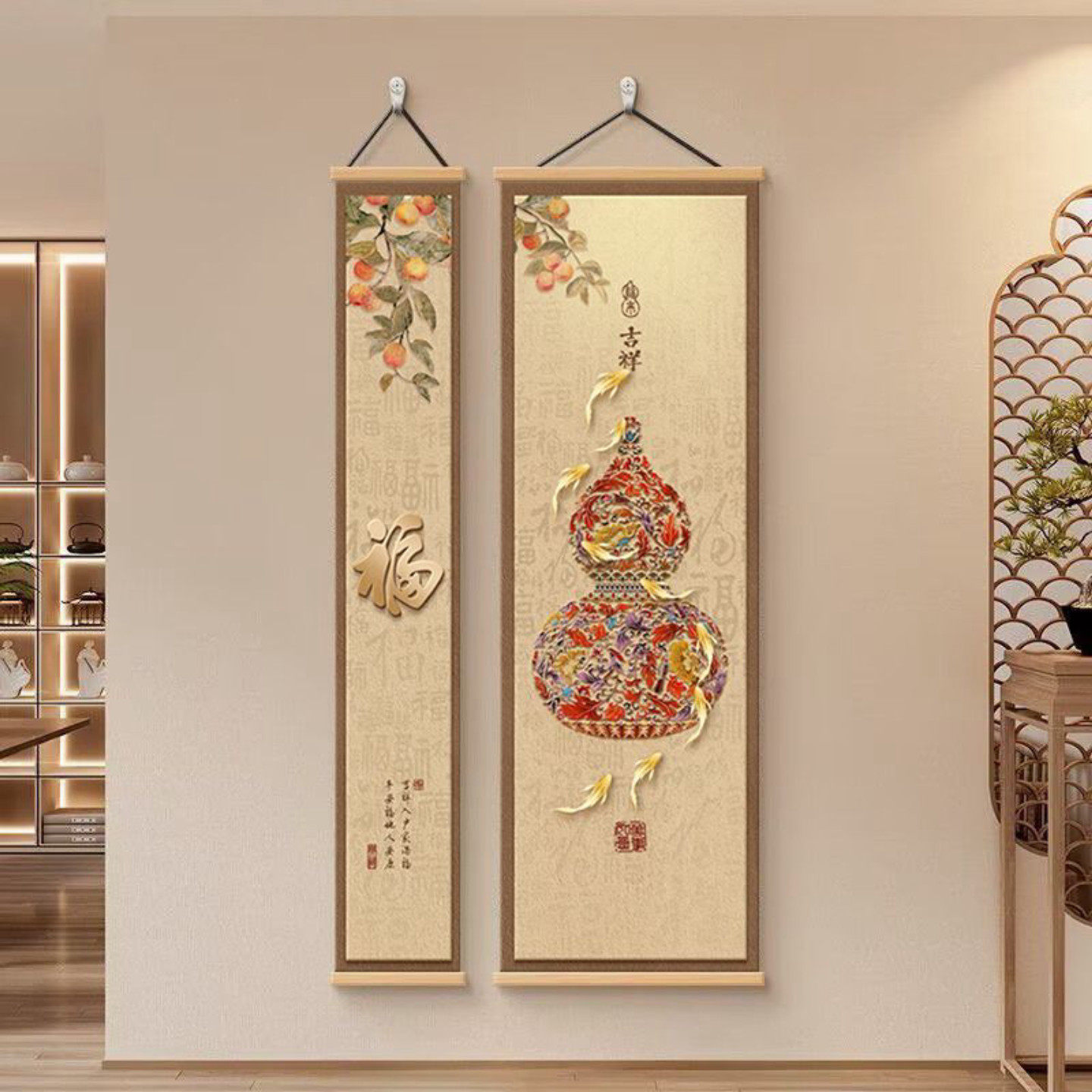 葫芦挂画中式福禄九鱼入户正对门客厅过道走廊玄关聚财壁画装饰画