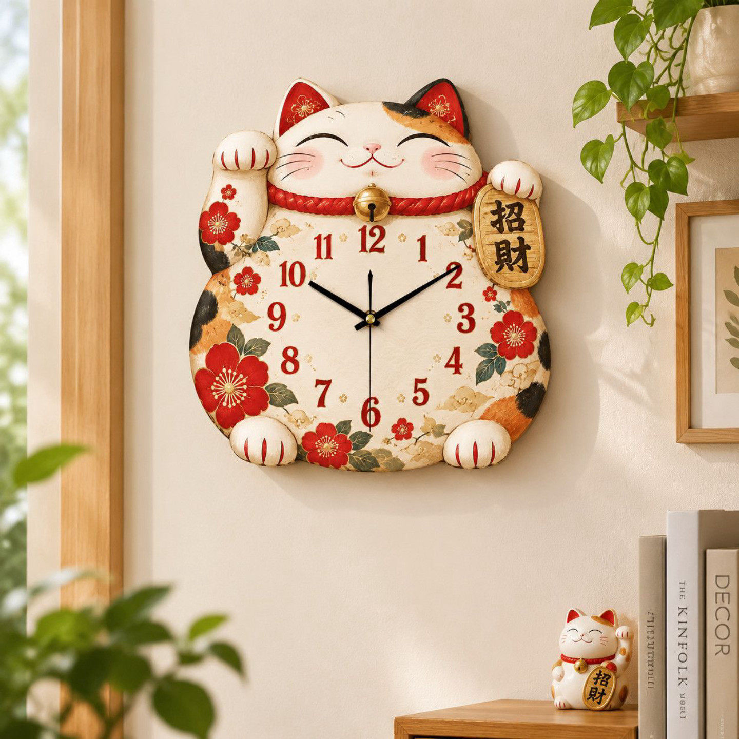 招财猫形状挂钟家用客厅静音钟表免打孔吉祥招财玄关装饰挂墙时钟