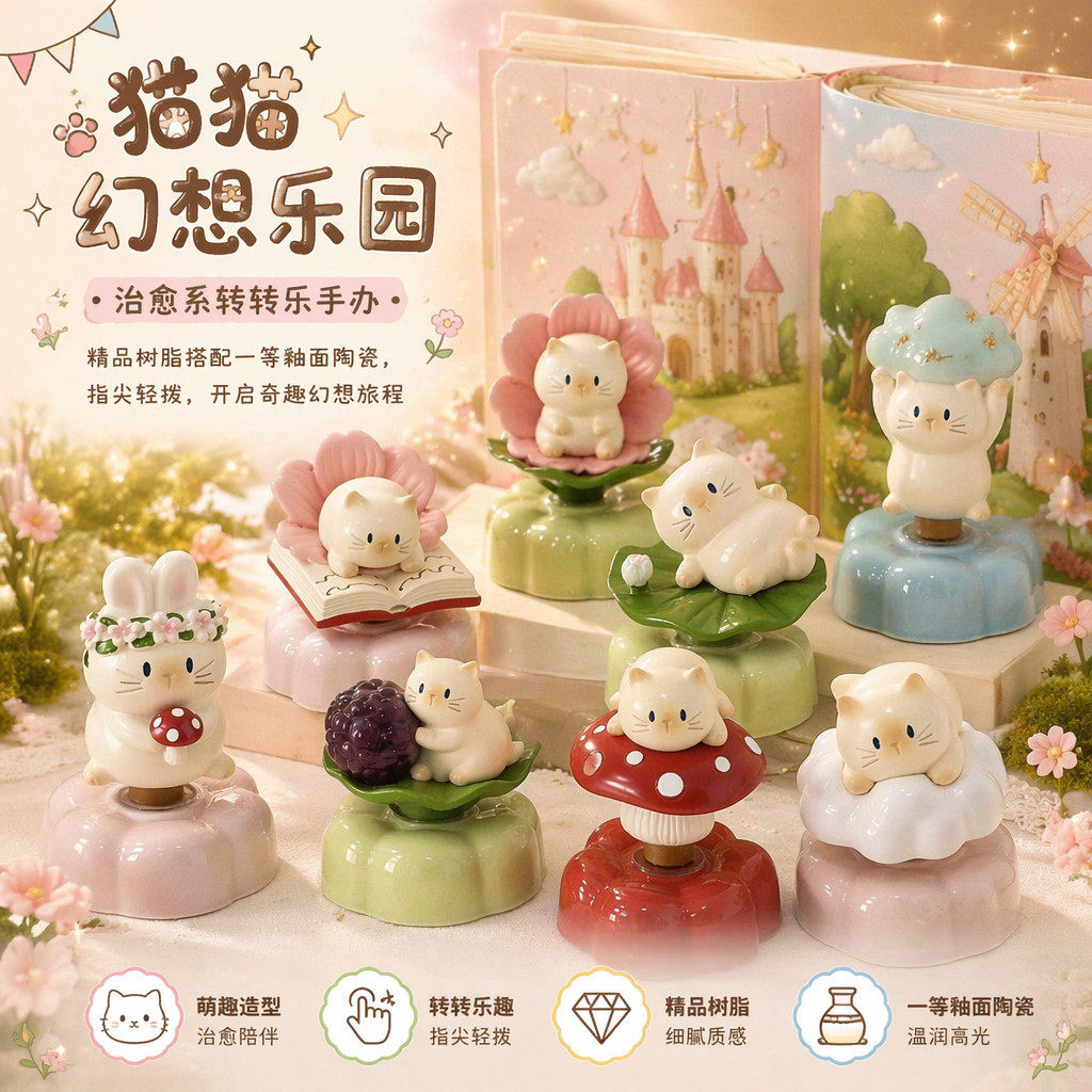 旋转转乐猫猫PAI幻想乐园景德镇星星人可爱树脂桌面摆件解压治愈