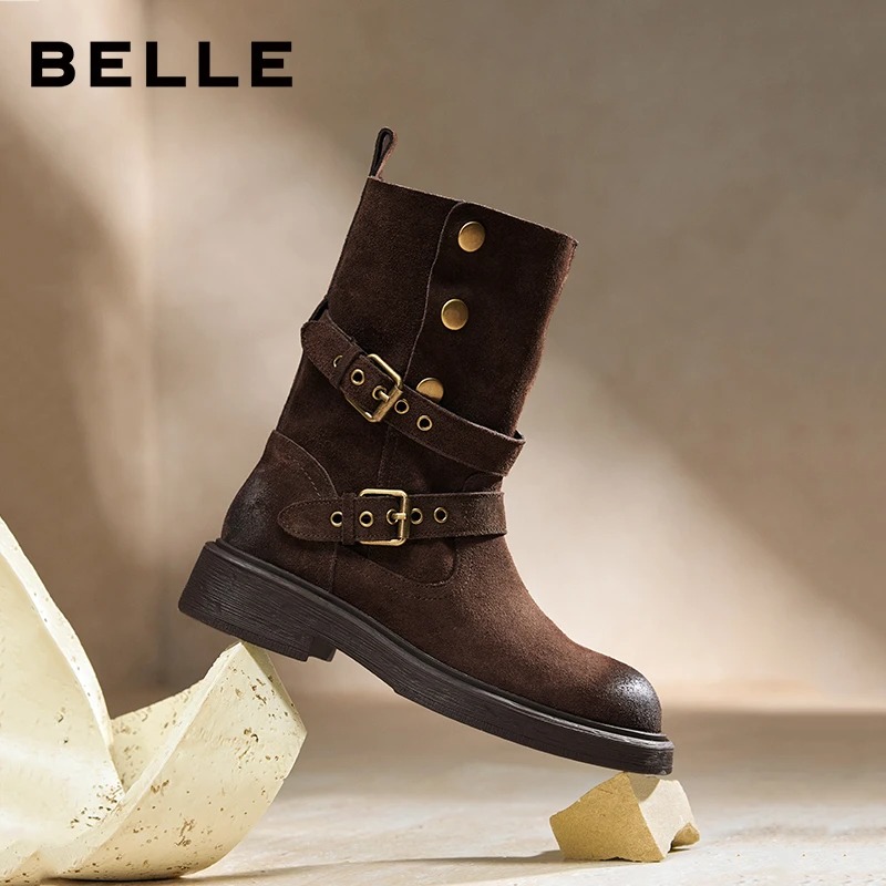 百丽复古厚底棕色短靴