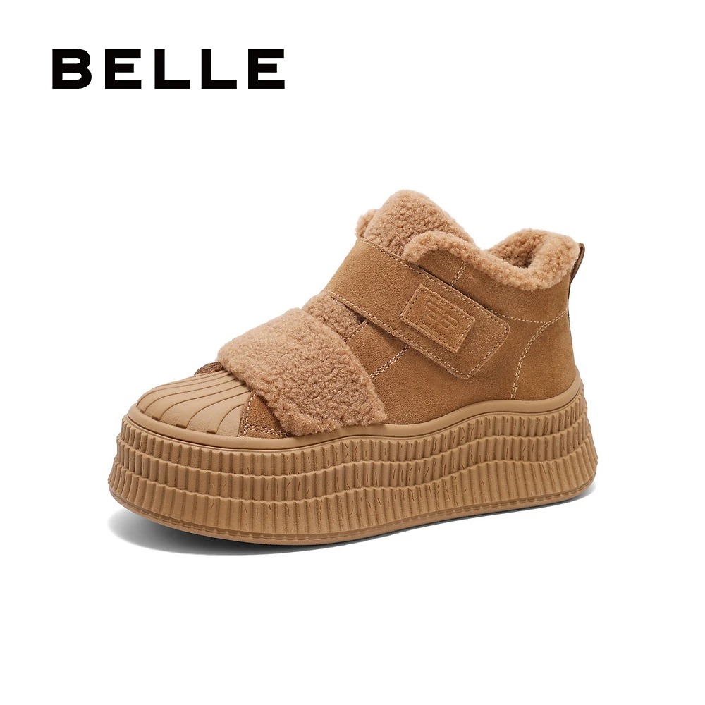 百丽贝壳头高帮加绒厚底板鞋女25春新款休闲雪地靴棉鞋D3L2DAM5