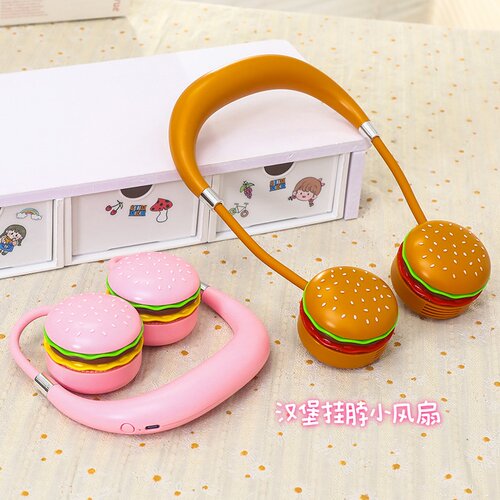 创意可爱仿真汉堡迷你小风扇 三档调速挂脖懒人折叠双头充电风扇