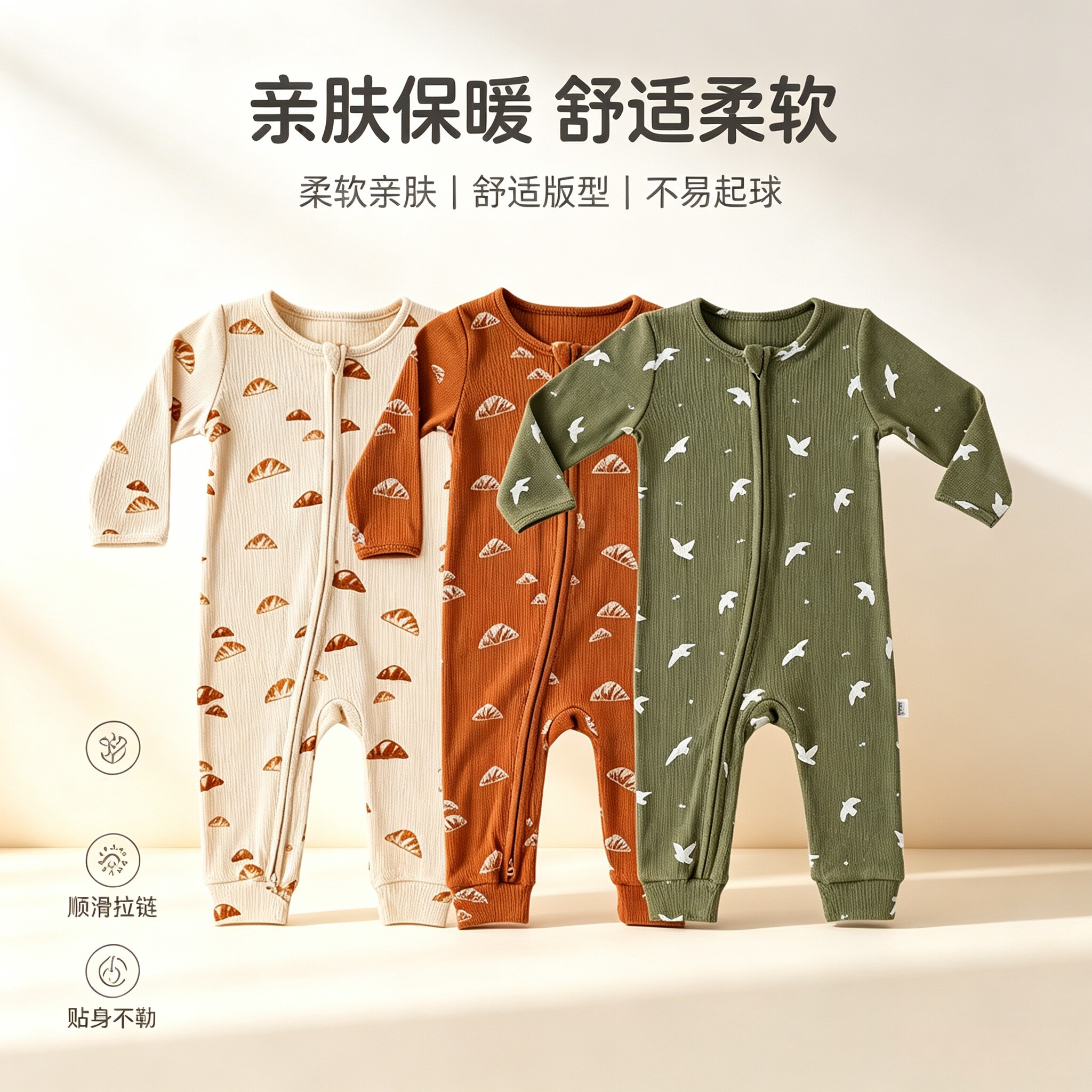 ins北欧风新款宝宝拉链连体衣纯棉A类bb衫偏瘦版婴儿睡衣拉链爬服