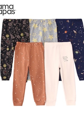 mamas外贸出口童装婴儿裤子纯棉卡通印花宝宝家居长裤5条礼盒包装