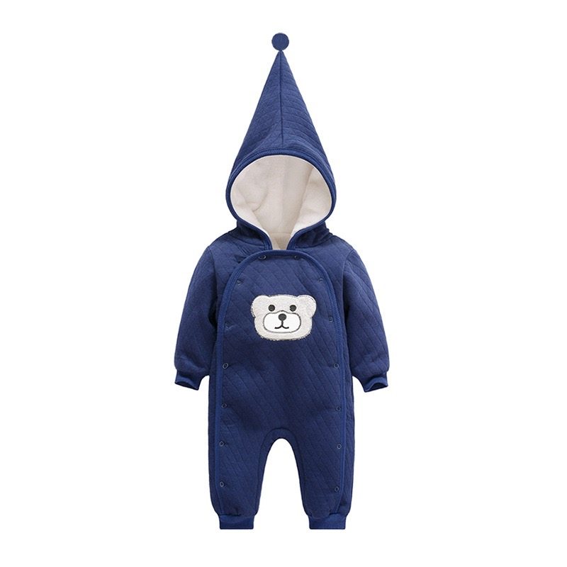 婴儿连帽连体衣秋冬款新生儿珊瑚绒外套宝宝外出保暖夹棉哈衣爬服