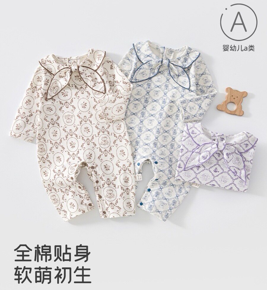 法式新款婴儿连体衣蝴蝶领结纯棉裆部按扣宝宝爬服哈衣可爱外出服