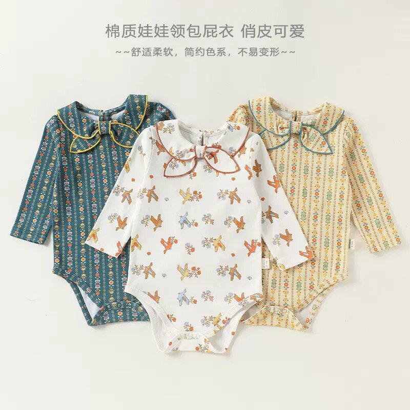 ins风新款婴儿娃娃领长袖包屁衣棉质女宝宝三角哈衣可爱套头bb衫