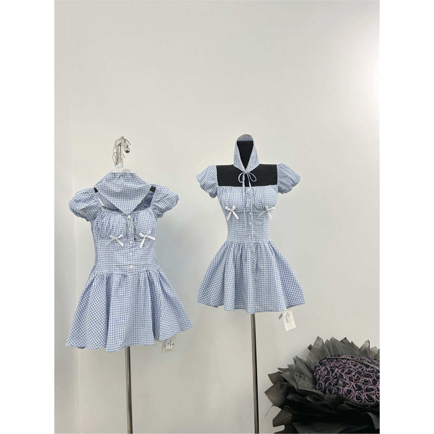 你家辣辣 氧气妹妹/春季新款蓝色格子短裙甜美多巴胺泡泡袖连衣裙