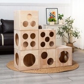 猫窝别墅个性 通用木质隧道猫笼宠物屋实木耐用 骰子组合实木四季