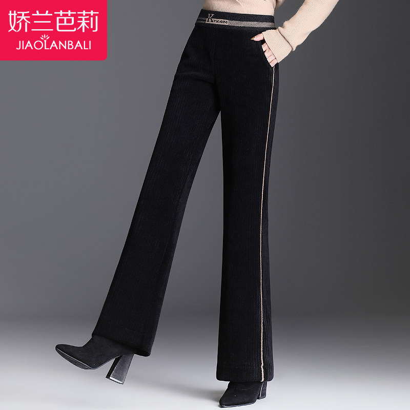 中年妈妈条绒微喇叭裤女秋冬2020新款中老年人秋装宽松阔腿长裤子