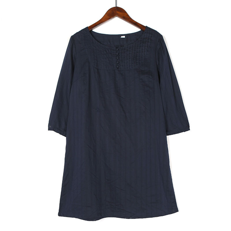 新款复古风情褶时尚中长款休闲连衣裙女士气质圆领宽松显瘦七分袖