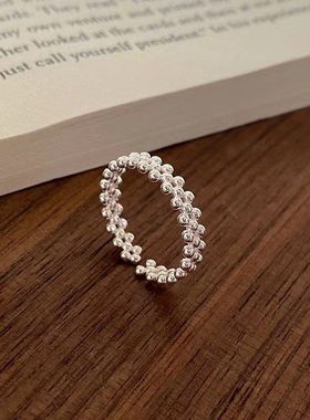 S925纯银多层圆珠戒指女轻奢高级感简约小众设计感指环素圈开口