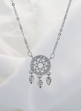 清仓S925纯银项链女百搭捕梦网锁骨链韩版轻奢设计树叶流苏吊坠