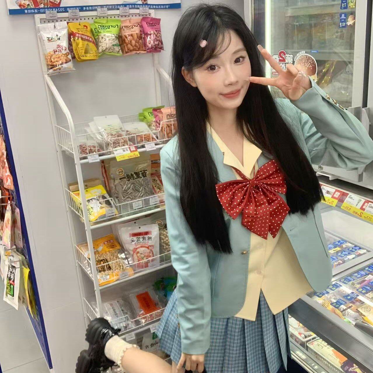 日系JK制服薄荷绿西服格裙套装旅游穿搭女长袖春款格裙