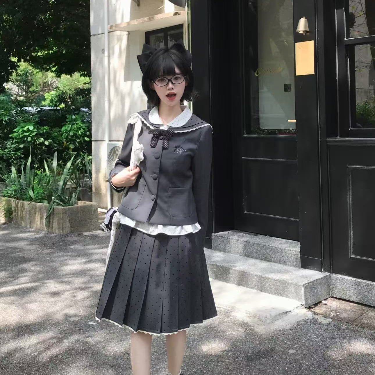 水手领制服波点学院千金风蕾丝套装纯棉短袖jk夏季速干百褶裙春日