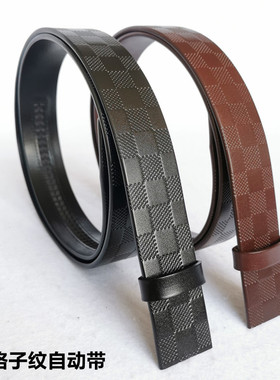 太古男士头层牛皮无扣腰带3.5宽格子纹自动带整皮切割牛皮带条
