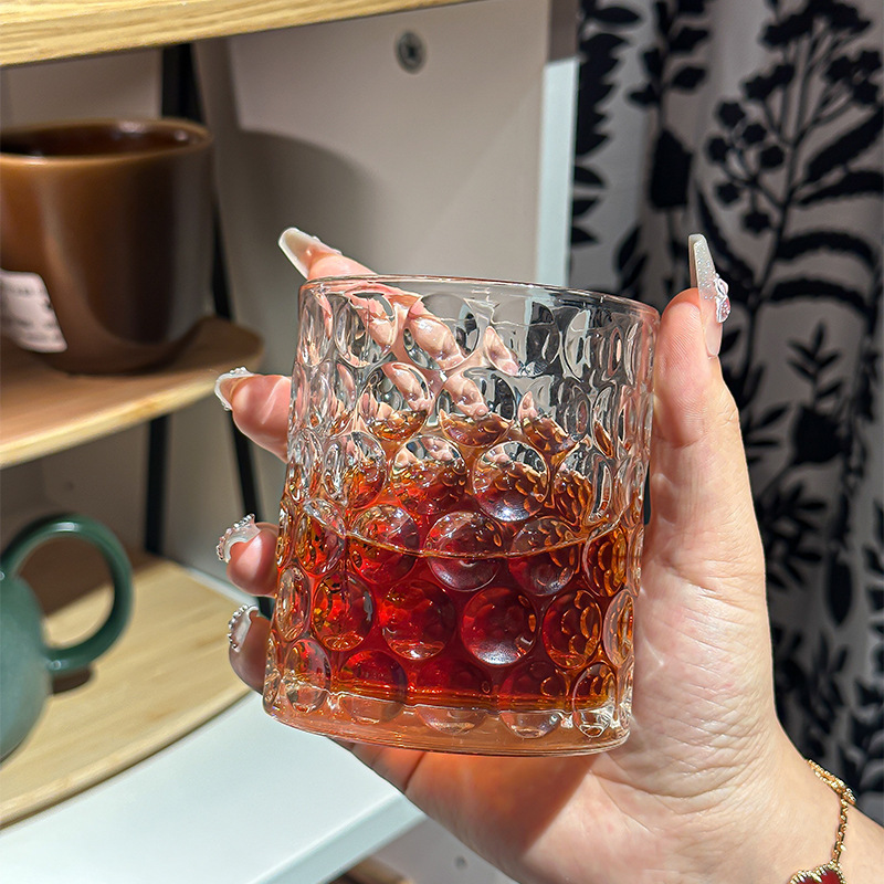 夏季鱼目纹威士忌洋酒杯耐热玻璃水杯高颜值浮雕果饮啤酒冷饮