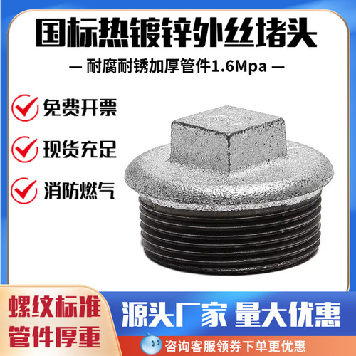 镀锌堵头管堵水管堵塞头堵帽50封口塞4分外丝铸铁2寸DN32铁80丝堵