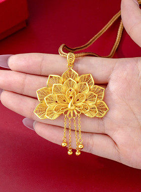 仿金古法沙金镂空孔雀流苏吊坠编绳项链女 镀金中式民族风毛衣链