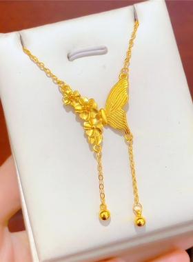 中式氛围感沙金仿黄金色拉丝蝴蝶花流苏项链百搭款镀金国风配饰女
