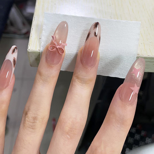 纯手工豹纹美甲穿戴甲中长款杏仁甲2026新款高级感法式猫眼秋冬