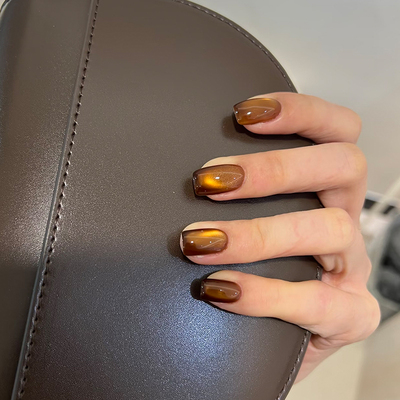 手工棕色猫眼穿戴甲短款美甲甲片