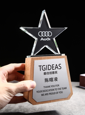 2021年创意儿童五角星水晶木质奖杯定制实木奖牌定做企业员工年会