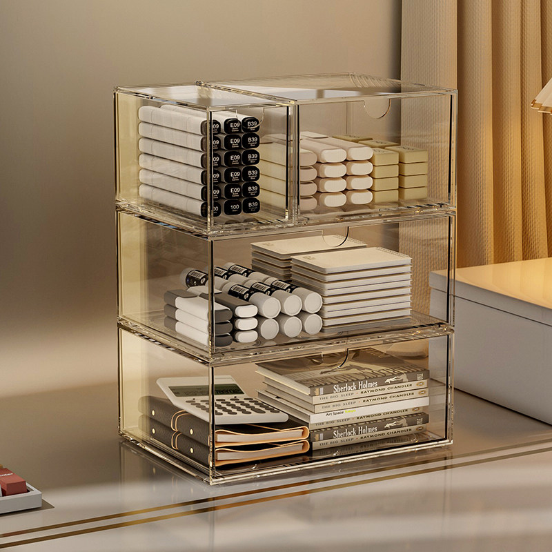 桌面收纳盒抽屉式透明亚克力学生书桌文具置物架办公室工位整理盒