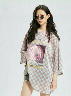2021夏百搭街头纯棉A3DA92153可爱风棋盘格印花针织衫A3DA92153B4