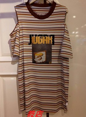 鸟2023夏款A2FA82608休闲百搭常规亲肤纯棉露肩条纹连衣裙短款也