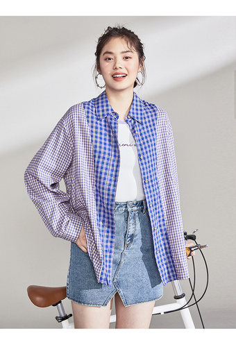 鸟2021夏A1CA83103拼接格子衬衫女长袖韩版衬衣外套女设计感小众