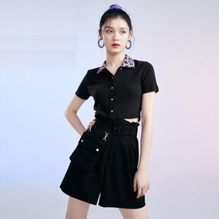 2021四季polo领bm风短打针织衫女修身短袖上衣女AWCDA254389
