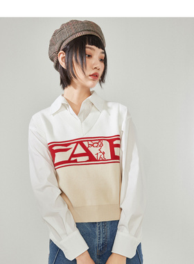 2021春秋款拼色线衫背心女撞色V领大纹样套头短款背心女A1EE91132