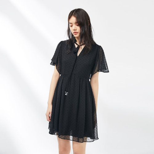 鸟2021夏款A1FA82346黑色短袖连衣裙女高腰时尚性感短裙连身裙