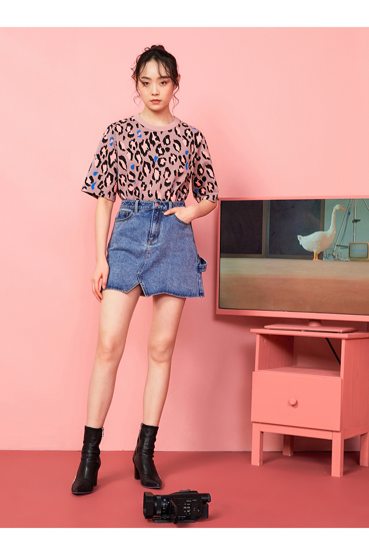 鸟豹纹印花短袖T恤A8DA91308纯棉打底衫上衣衣服街头A8DA91308C0