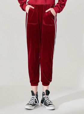 鸟2021夏款A4GB91126丝绒锥形束脚裤女侧带高腰垂感运动休闲裤女